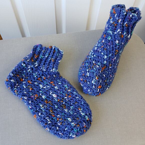 Navy Speckle Crochet Slipper Booties L premade full coverage warm socks - Picture 2 of 8
